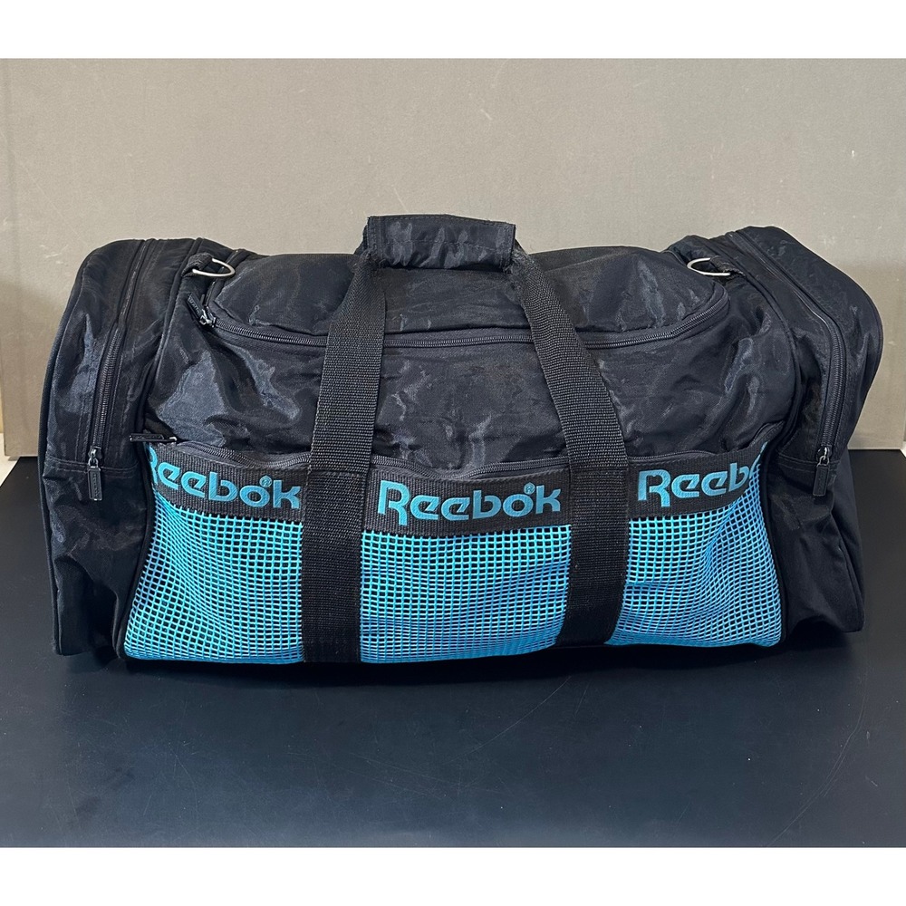 Reebok Duffel Bag Black Teal Mesh Logo Gym Sports Travel Weekend Bag Large